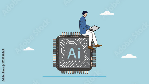 work with AI, artificial intelligence adaption, AI technology helping or support success work, smart businessman working while sitting on AI chip