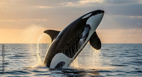 Orca Breaching at Sunset.