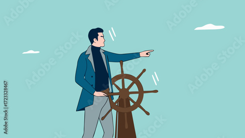 leadership skill to lead company success, direct or motivate, manager to motivate team or company to move forward, businessman controls the steering wheel of the ship to give direction to the team