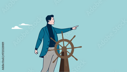 leadership skill to lead company success, direct or motivate, manager to motivate team or company to move forward, businessman controls the steering wheel of the ship to give direction to the team