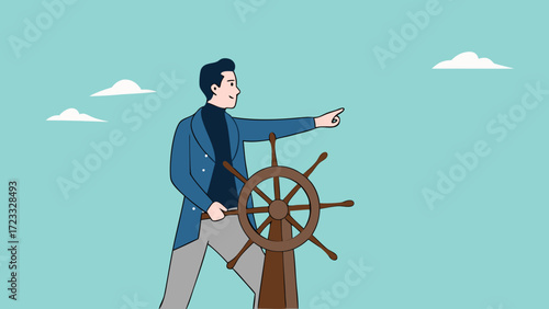 leadership skill to lead company success, direct or motivate, manager to motivate team or company to move forward, businessman controls the steering wheel of the ship to give direction to the team