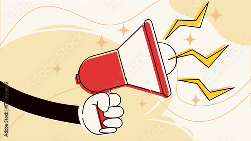 hand holding megaphone on retro cartoon style, online communication and networking, digital information or announcement, advertising and promotion banner