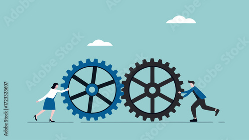 cooperation in a business setting, teamwork to reach success together, cohesiveness or synergy, help each other in work, business people push gear cogwheels together leading to success