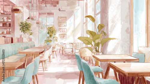 水彩タッチのカフェ店内イラスト01