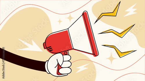 hand holding megaphone on retro cartoon style, online communication and networking, digital information or announcement, advertising and promotion banner