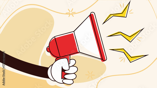 hand holding megaphone on retro cartoon style, online communication and networking, digital information or announcement, advertising and promotion banner