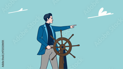 leadership skill to lead company success, direct or motivate, manager to motivate team or company to move forward, businessman controls the steering wheel of the ship to give direction to the team