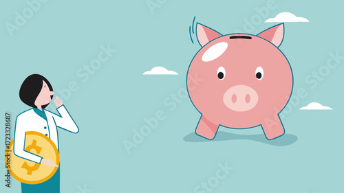 financial question, prepare for the future by saving money, wealth or investment, doubt or confusion, businesswoman with golden coins is confused choosing piggy bank