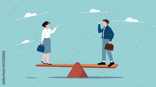gender equality, Equal Rights of Men and Women, workplace fairness, fairness regarding the diversity of company employees, man and woman standing on a seesaw with equal balance