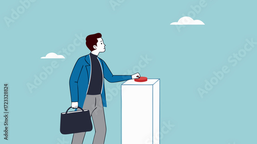 business startup launching, new product launch, confident businessman pressing the button to launch a new product or business