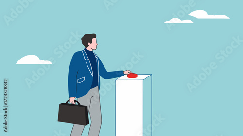 business startup launching, new product launch, confident businessman pressing the button to launch a new product or business