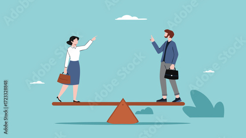 gender equality, Equal Rights of Men and Women, workplace fairness, fairness regarding the diversity of company employees, man and woman standing on a seesaw with equal balance