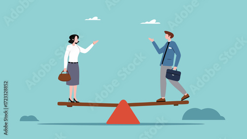 gender equality, Equal Rights of Men and Women, workplace fairness, fairness regarding the diversity of company employees, man and woman standing on a seesaw with equal balance