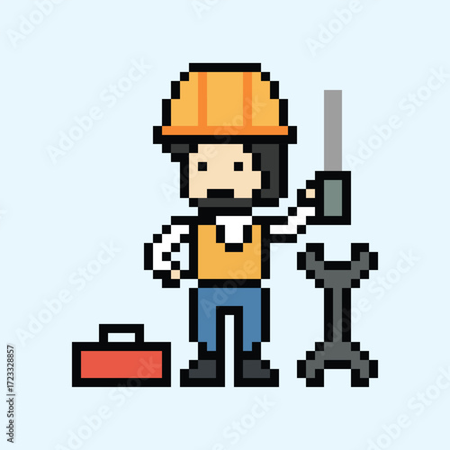 Cartoon pixel 8 bit character engineer man worker industry warehouse fix decoration 8 bit male boy male engineer construction storage game png vector.