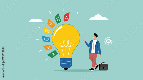 energy efficiency, energy saving level on a home or industrial scale, man presents lightbulb with energy efficient rating class to save cost green energy