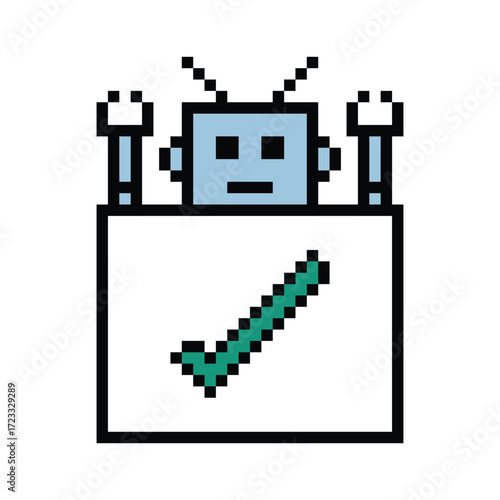 Cute pixel art cartoon robot or AI learn or learning skill with for education calculate chat bot robot vector character technology background 8 bit.