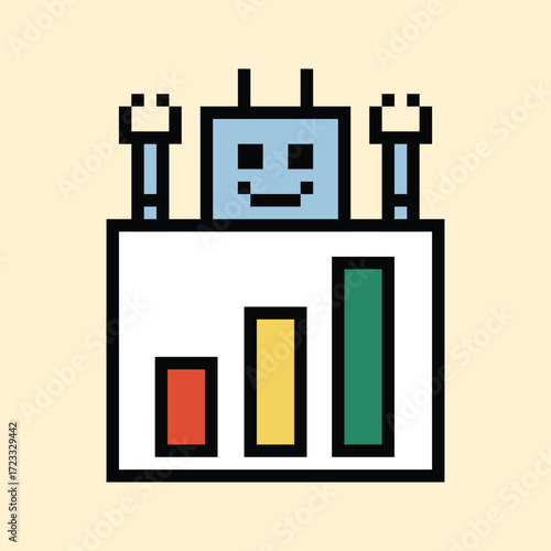 Cute pixel art cartoon robot or AI learn or learning skill with for education calculate chat bot robot vector character technology background 8 bit.