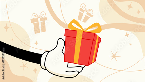 hand holding giftbox illustration, gift reward program for customer, social media post banner, marketing material