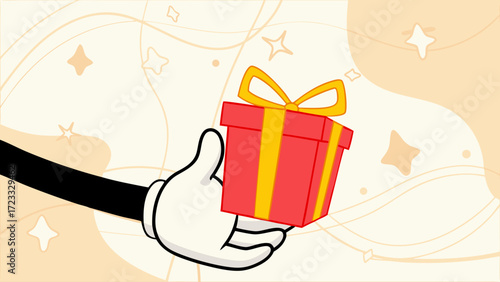 hand holding giftbox illustration, gift reward program for customer, social media post banner, marketing material
