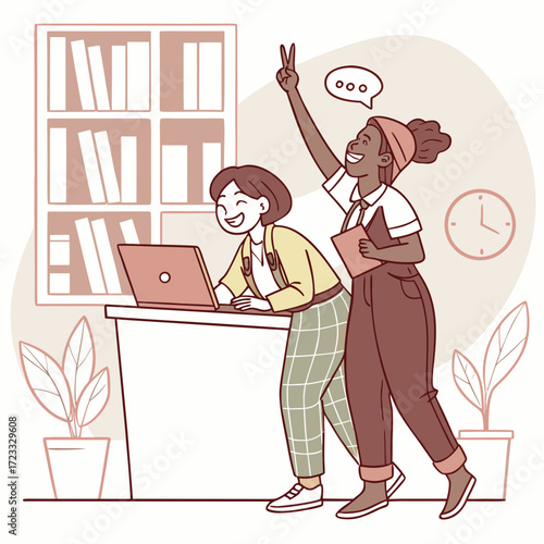 Two coworkers sitting side by side at a shared table, both smiling and giving thumbs up – fun cartoon style, with a background of bookshelves and plants.