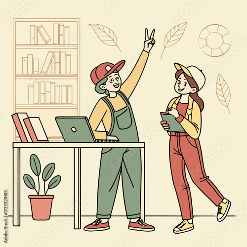 Two coworkers sitting side by side at a shared table, both smiling and giving thumbs up – fun cartoon style, with a background of bookshelves and plants.