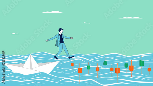 navigating stock market volatility, identify stock market or cryptocurrency market risks, Financial investment volatility, businessman investor walks carefully past lifebuoy from investment bar chart