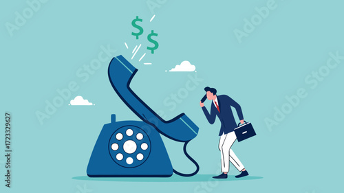 Telephone call to generate lead or sales, telemarketing strategy to promote product or service, Customer follow-up via telephone to increase sales, sales agent talk in phone call with dollar symbol
