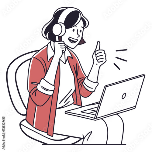 Young woman in home office, with headset, swivel chair and laptop, smiling and giving thumbs up – minimalist cartoon style.