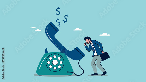 Telephone call to generate lead or sales, telemarketing strategy to promote product or service, Customer follow-up via telephone to increase sales, sales agent talk in phone call with dollar symbol
