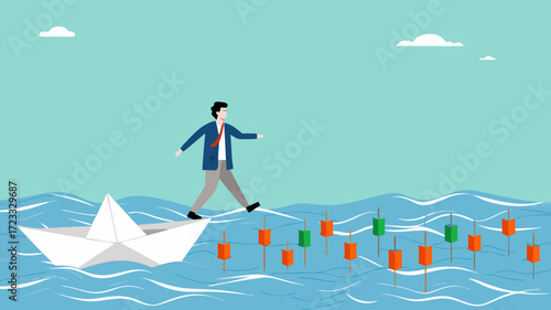 navigating stock market volatility, identify stock market or cryptocurrency market risks, Financial investment volatility, businessman investor walks carefully past lifebuoy from investment bar chart