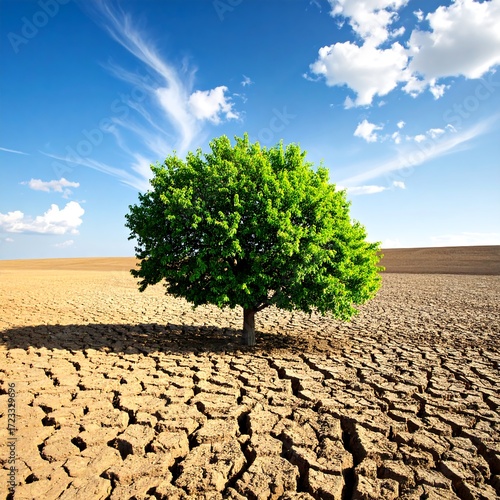 A lone tree stands in a cracked, dry landscape under a vibrant sky
