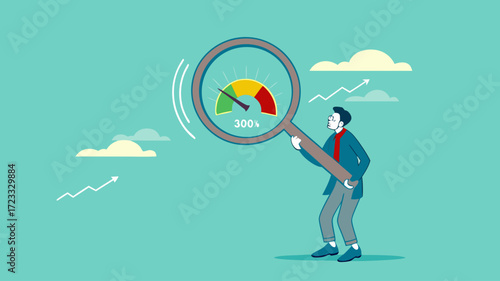 air quality, air quality index, good and fresh air conditions free from pollution, man holding magnifying glass to check the air quality