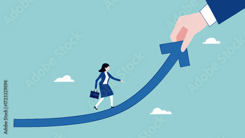 career growth to success concept illustration with businesswoman hand helps pull the arrow to success, career progress to success in work. career development concept vector illustration