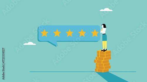 five star rating, businesswoman puts a star to give five star rating, business people placing 5 stars rating flat with flat style, client holding review stars concept