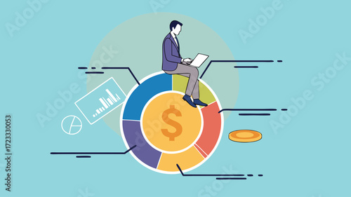 investment pie chart asset allocation, money allocation for diversification, budget percentage distribution, businessman sitting on gold coins with financial pie chart while allocating budget