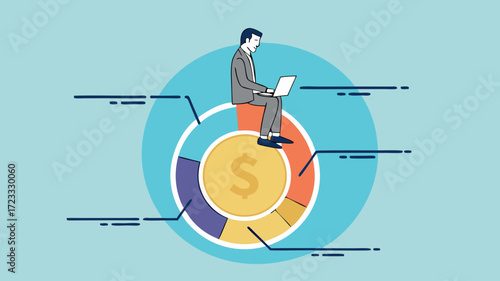 investment pie chart asset allocation, money allocation for diversification, budget percentage distribution, businessman sitting on gold coins with financial pie chart while allocating budget
