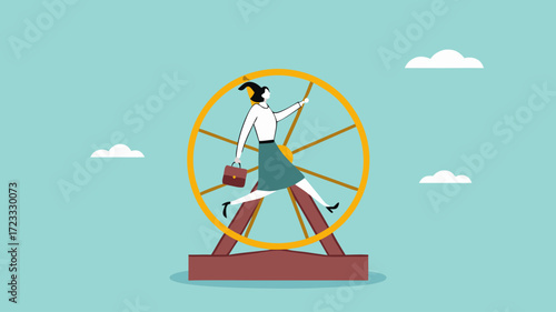 career stagnation concept, office worker or employee, Work In Loop With No Career Path, undeveloped business concept, meaningless work concept with businessman running on hamster wheel illustration