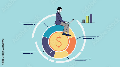 investment pie chart asset allocation, money allocation for diversification, budget percentage distribution, businessman sitting on gold coins with financial pie chart while allocating budget