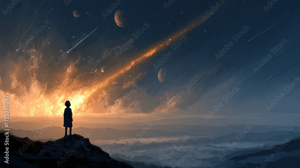Fototapeta premium Child stands on hill watching meteors falling in an imaginative, dreamy landscape