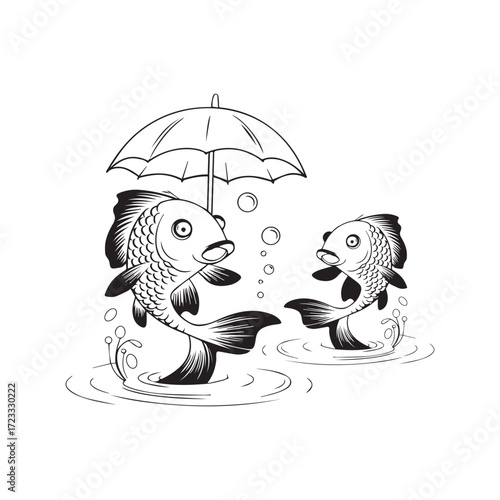 A simple vector illustration of a black and white fish with a protective umbrella for a rainy autumn day