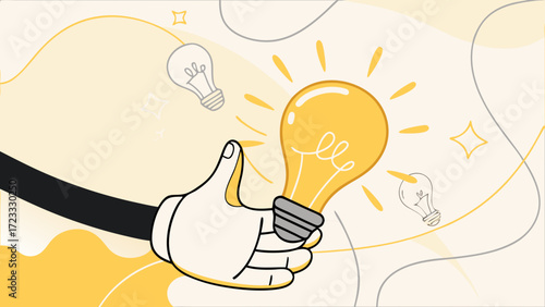 creative idea for business growth with hand retro cartoon bring a light bulb vector illustration, web design poster, marketing material, vector illustration of online marketing