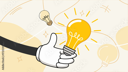 creative idea for business growth with hand retro cartoon bring a light bulb vector illustration, web design poster, marketing material, vector illustration of online marketing