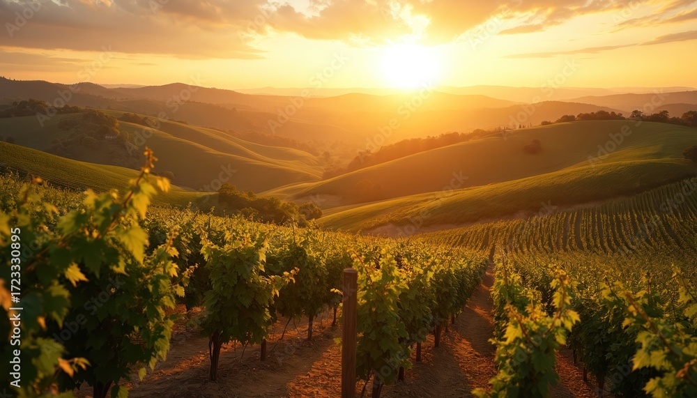 Naklejka premium Golden hour over picturesque vineyard. Rolling hills landscape, sun sets over farm, rows of grape vines ready for harvest. Rural countryside wine growing region with beautiful sunlight scenery.