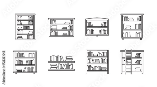 Collection of eight distinct bookshelf and cabinet silhouettes in a sketch style