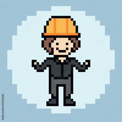 Cartoon pixel 8 bit character engineer man worker industry warehouse fix decoration 8 bit male boy male engineer construction storage game vector.