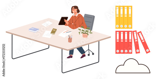 Woman using a digital tablet at a spacious desk surrounded by office supplies, folders, and cloud storage icon. Ideal for organization, productivity, digital storage, paperwork, workspace