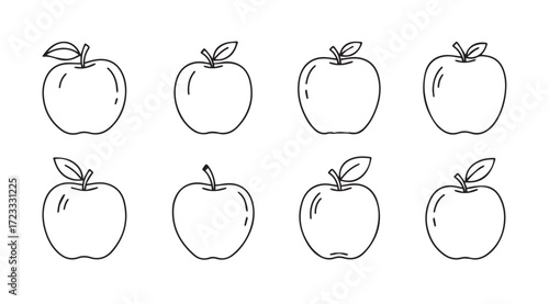 Collection of eight hand drawn apple silhouettes with leaves and stems