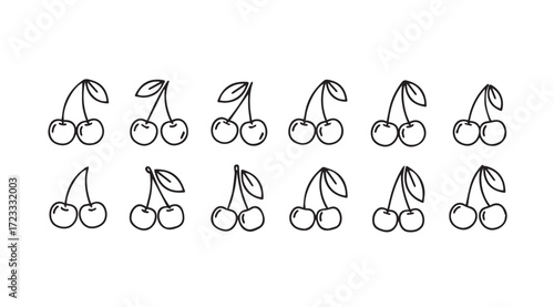 Collection of hand drawn cherry silhouettes with stems and leaves