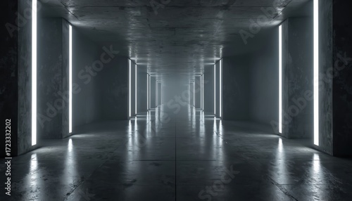 Long, open tunnel with smooth, glossy concrete floor reflecting soft glow of white lights. Stone walls add solidity to scene. Flat, two-dimensional image emphasizes sense of depth, vastness. No