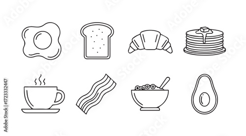 A collection of breakfast food icons in a simple line drawing silhouette style
